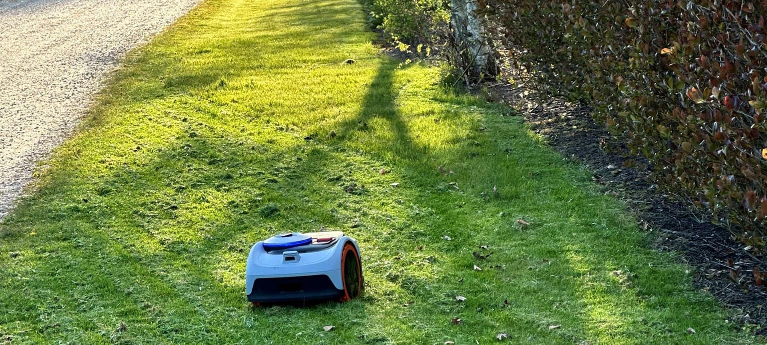Robotplæneklipper kører i have ved indkørsel uden person i baggrunden